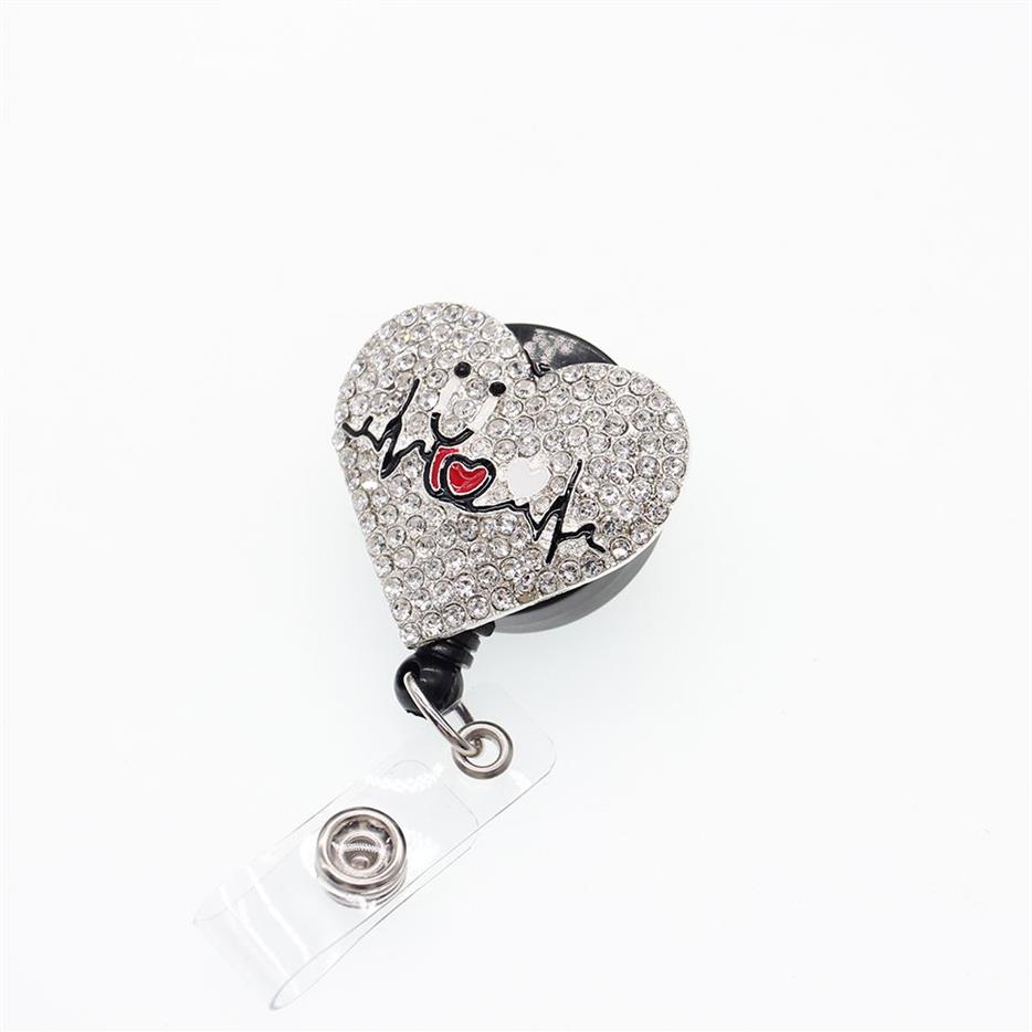 10st Sparkly Key Rings Rhinestone Heart Shape Nurse Apport Doctor Symbol Stetoskop Infällbart Badge Reel Holder With Alli337J