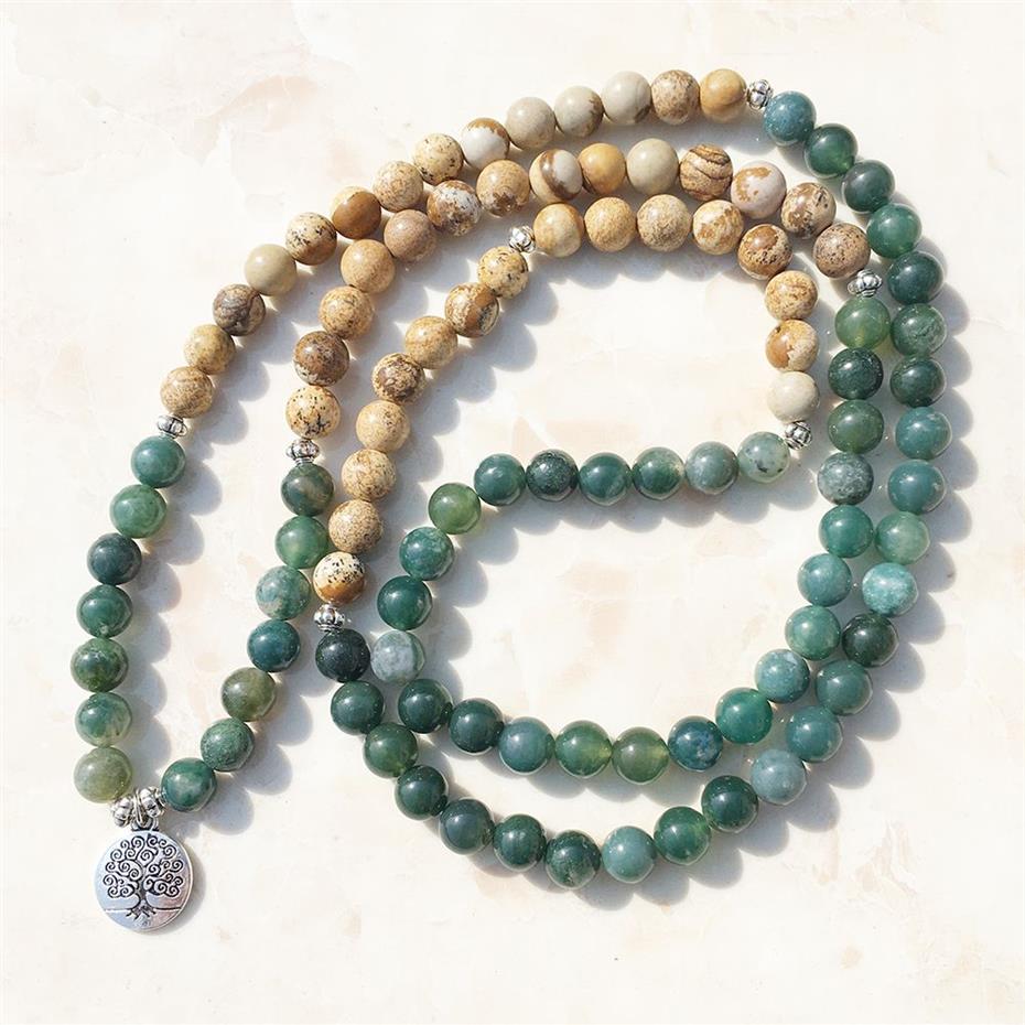 Sn1005 Moss Agat Picture Jasper 108 Mala Beads Joga Naszyjnik Drzewo życia Mala Wrap Bransoletka