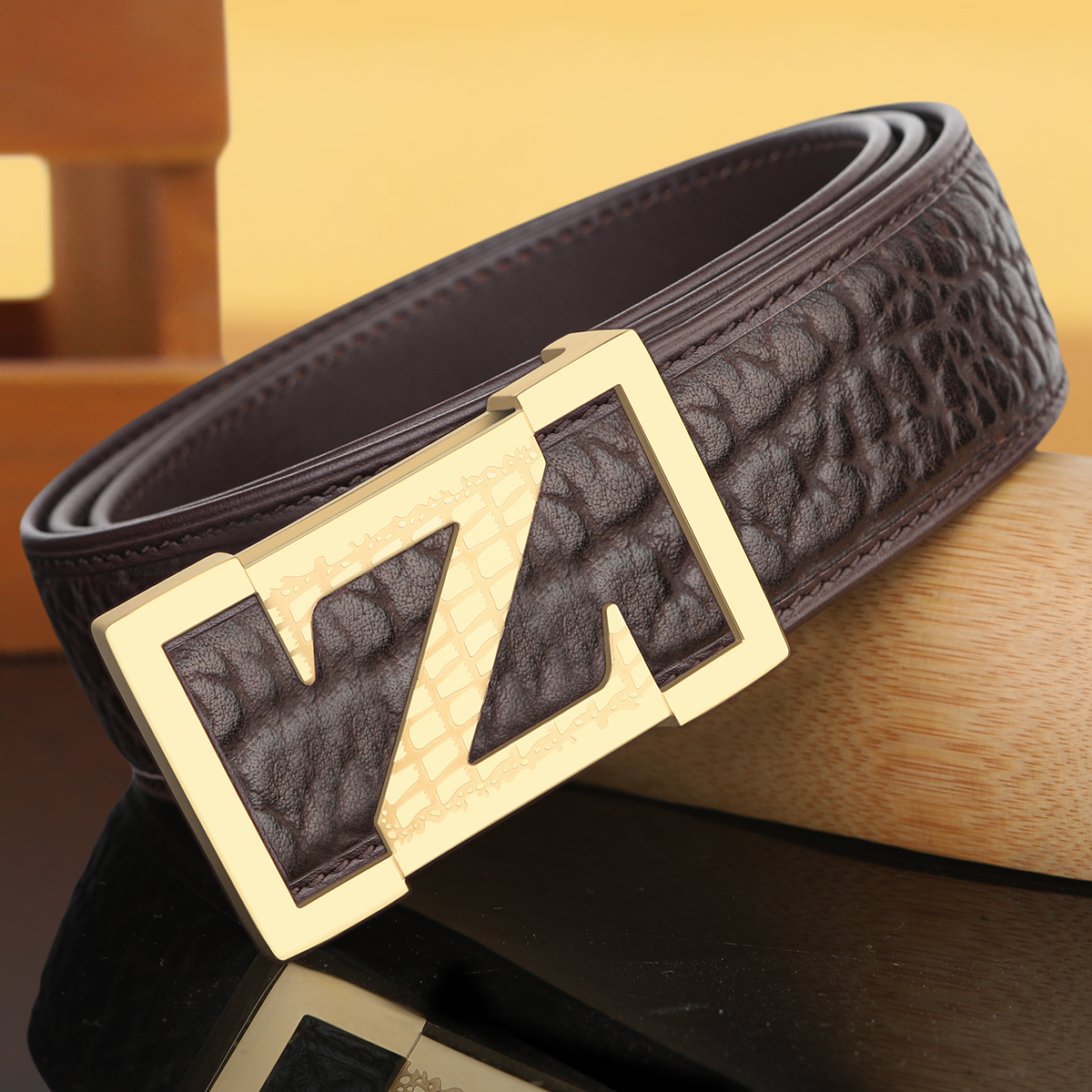 High end men's leather belt, genuine African  leather, Z-letter smooth buckle, busins casual men's formal pants belt