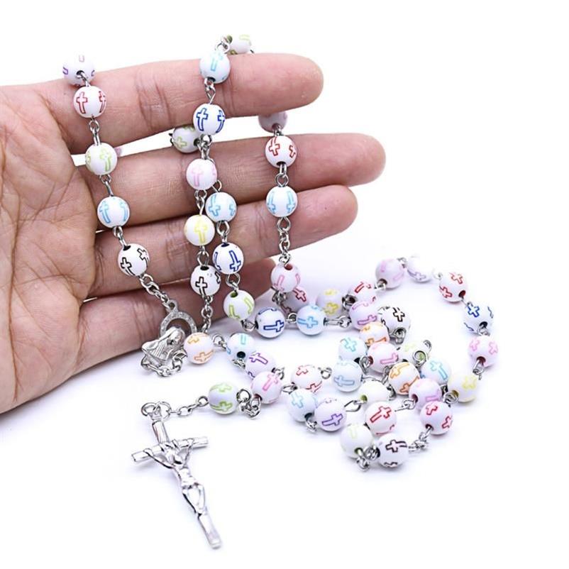 Pendanthalsband 3 Styles 8mm Cross Pink Spotted Rosary Halsband Katolska Christian Party Wedding Prayer Pärla Religiös kedja Jew236w