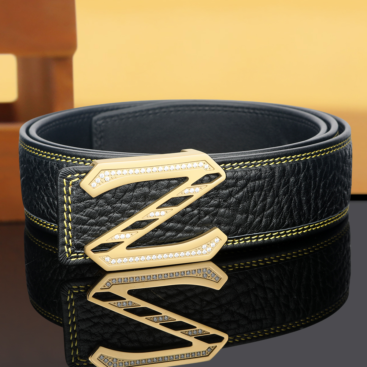 High end men's leather belt with African  leather inlaid diamond Z-letter smooth buckle casual men's formal pants belt