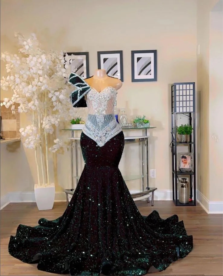 Sparkly Emerald Green Sequins Prom Dresses 2024 For African Women Sheer Neck One Shoulder diamond Black Girl Birthday GownS