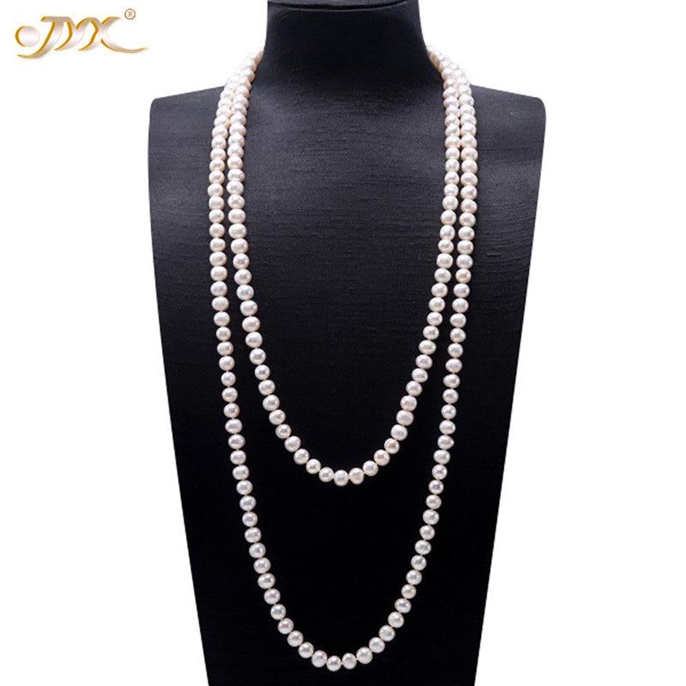 JYX Pearl Sweater Necklaces Long Round Natural White 8-9mm Natural Freshwater Pearl Necklace Endless charm necklace 328 201104245l