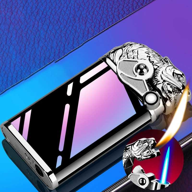 Metal Outdoor Windproof Butane No Gas Lighter Crocodile Dolphin Dual Flame Conversion Torch Turbo Jet Cigar Men's Gadget