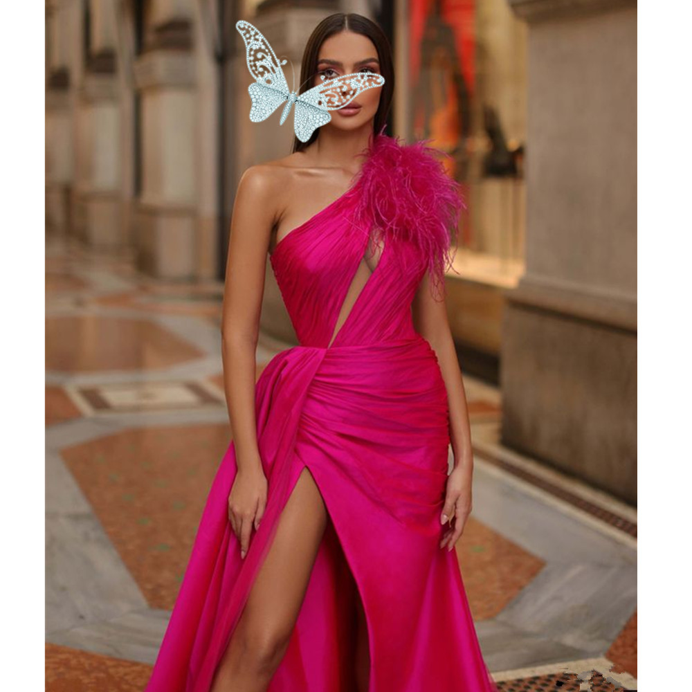 Arabic Aso Ebi Hot Pink Evening Dresses Ruched One Shoulder Formal Prom Gowns Vestidos de Novia Plus Size Feather Women Dress