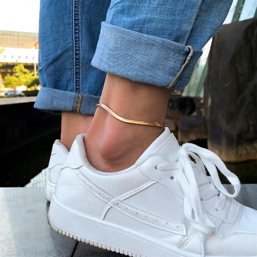 Anklets Gothic Basic Simple Flat Blade Snake Chain Bracelet On The Leg For Men Women Punk Gold Color Copper Anklet Kpop Foot Jewel1964