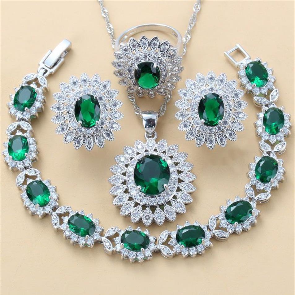 Lujosos conjuntos de joyas de plata nupcial de Dubai 925, pendientes de girasol de circón cúbico verde, collar, pulsera y conjuntos de anillos 220210280P
