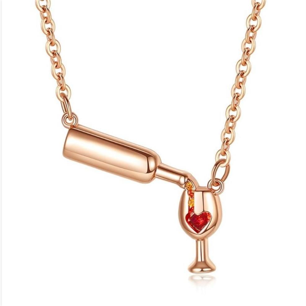 Rose Gold Farbe Kreative Wein Glas Anhänger Halskette für Frauen Zirkon Rotes Herz Wein Tasse Charme Halskette Choker Short1229U