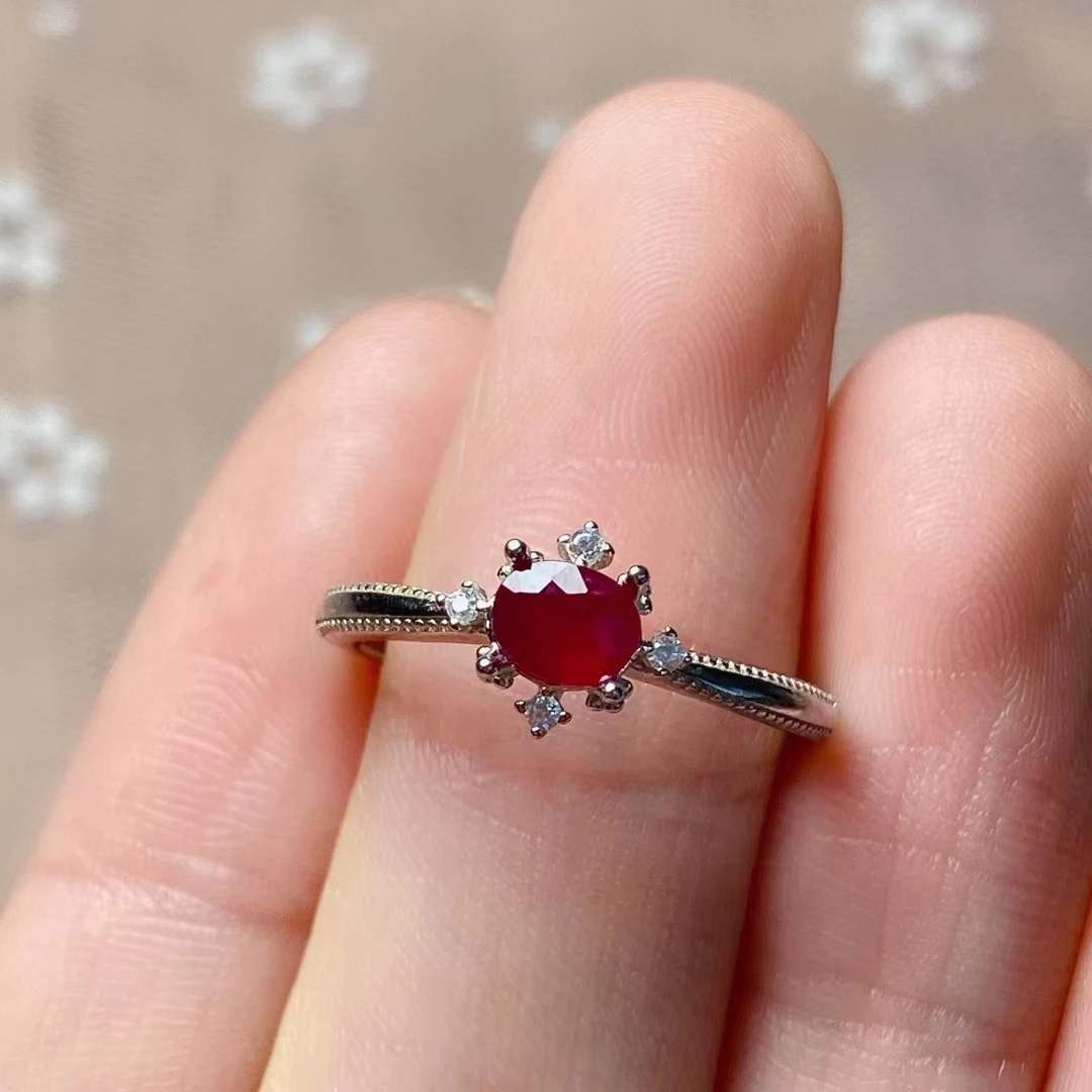 Myanmar Ruby Ring 0.4ct 4mmx5mm Natural Ruby Silver Ring for Daily Wear 18K Gold Plating Silver Ruby Jewelry