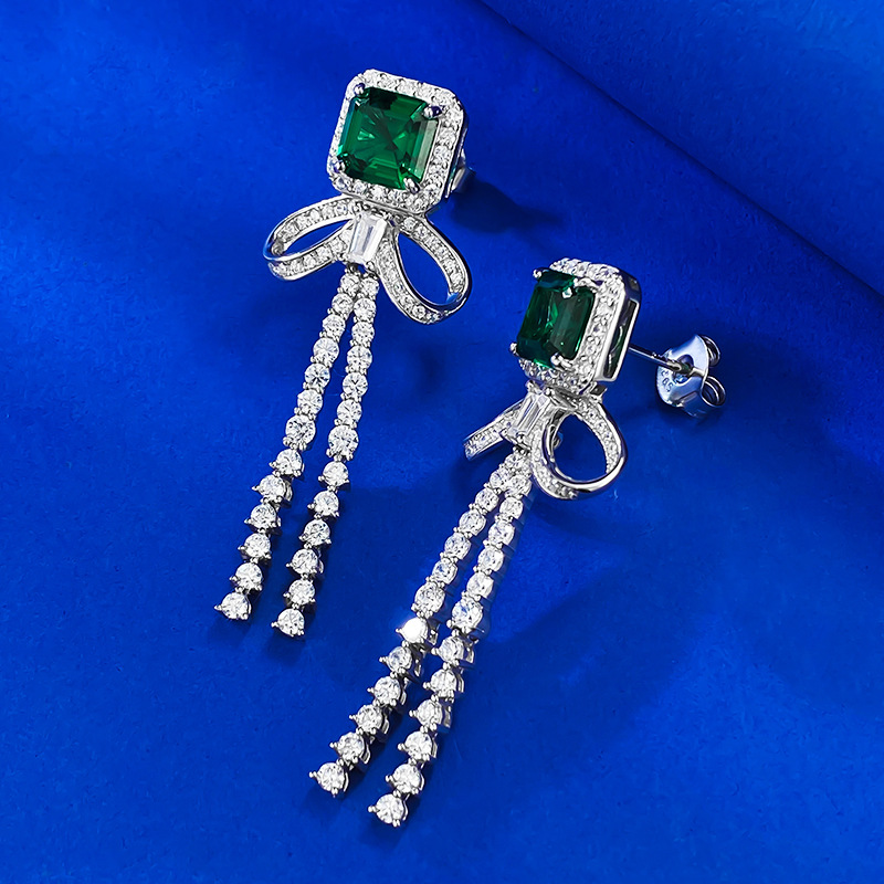 Bowknot Emerald Diamond Dingle Earring 100% Real 925 Sterling Silver Wedding Drop Earrings for Women Bridal Engagement Smycken