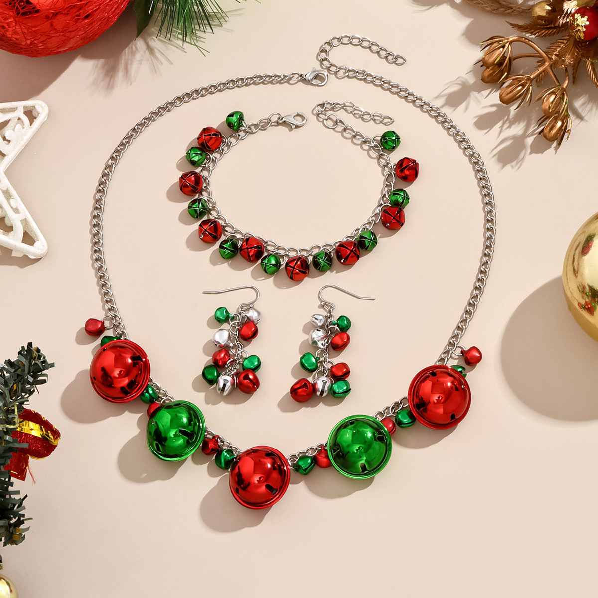 Christmas Set Jewellery Colourful Bells Necklace Bracelet Earrings Christmas Ornaments Festive Gifts