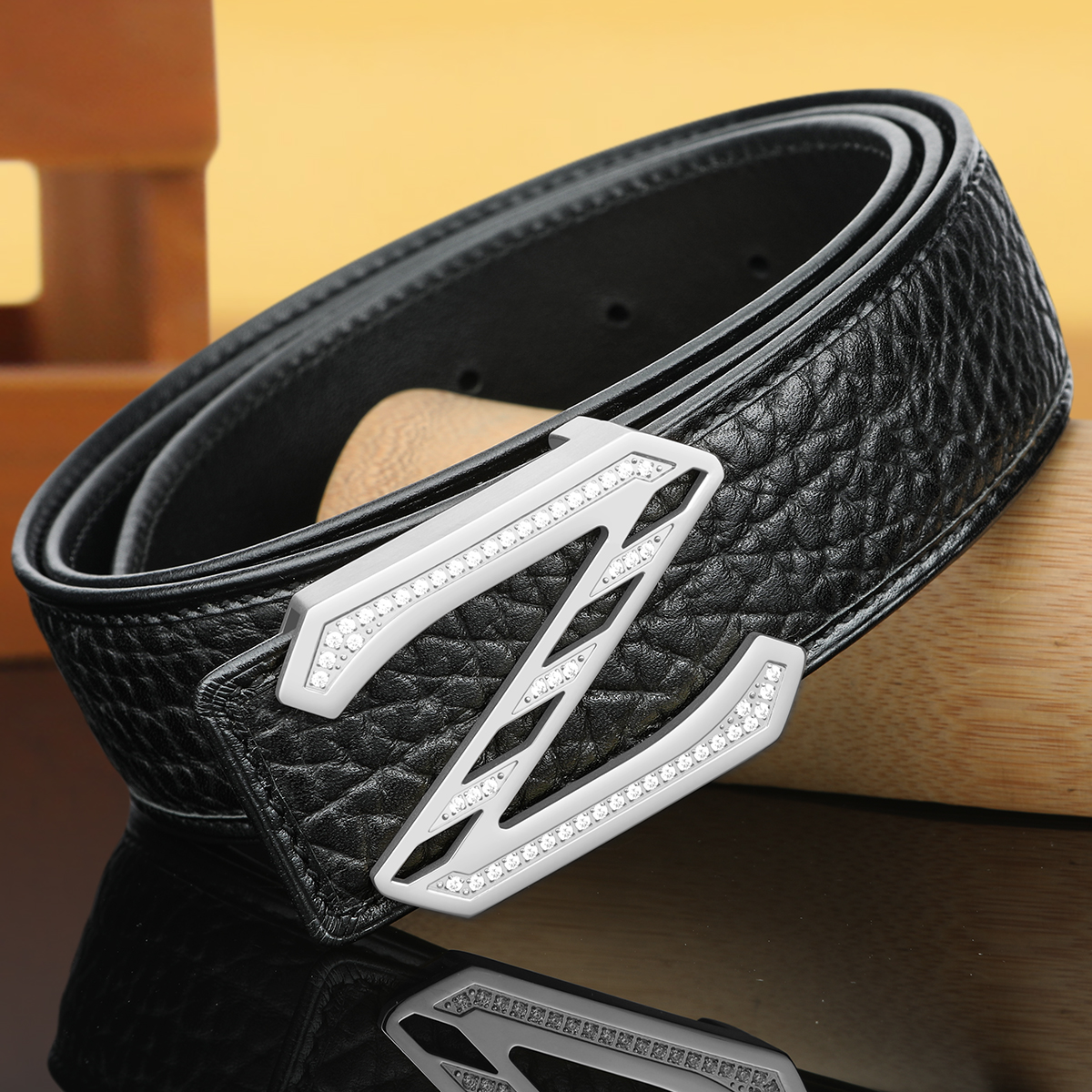 Men's leather belt, African  leather with diamond inlay, Z-letter inner wear, smooth buckle, casual Korean version of men's pants belt