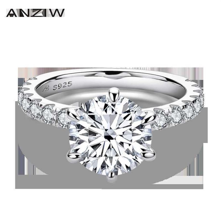 ANZIW 925 Sterling Silver 4ct Round Cut Ring for Women 6 Prongs Simulated Diamond Engagement Wedding Band Ring Jewelry272n