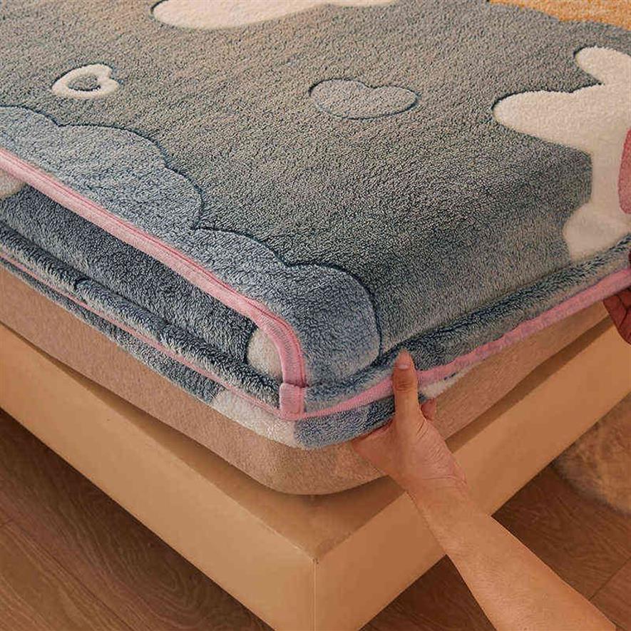 Cartoon Print Flannel Fitted Bed Sheet Soft Cozy Embossed Mattress Protector Cover Winter Warm Stretch Short Plush 211106342l