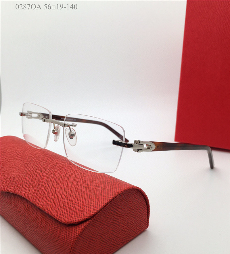 Nouvelle vente claire petite lentille carrée monture sans monture branches en acétate lunettes optiques hommes et femmes style d'affaires lunettes modèle 0287OA