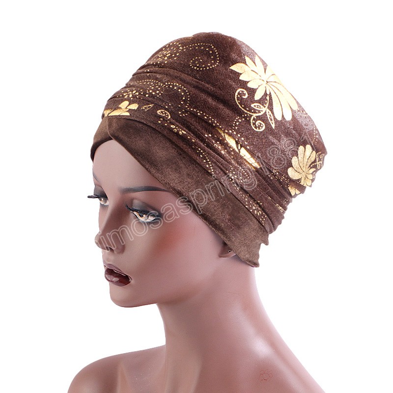 New Women Bronzing print mesh Head Scarf Plain Velvet Hijab Turban Caps Long Tail African Wraps Cap Bonnet Turbante Mujer