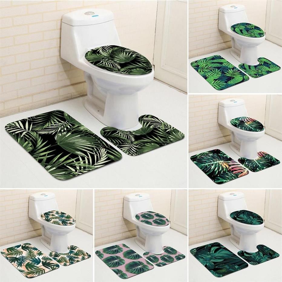 Tropical Plant Leaf Green Style Bathroom Decorative Set Non Slip Mat Toilet Seat Cover Elegant Stylish Bath Accessories 21260P