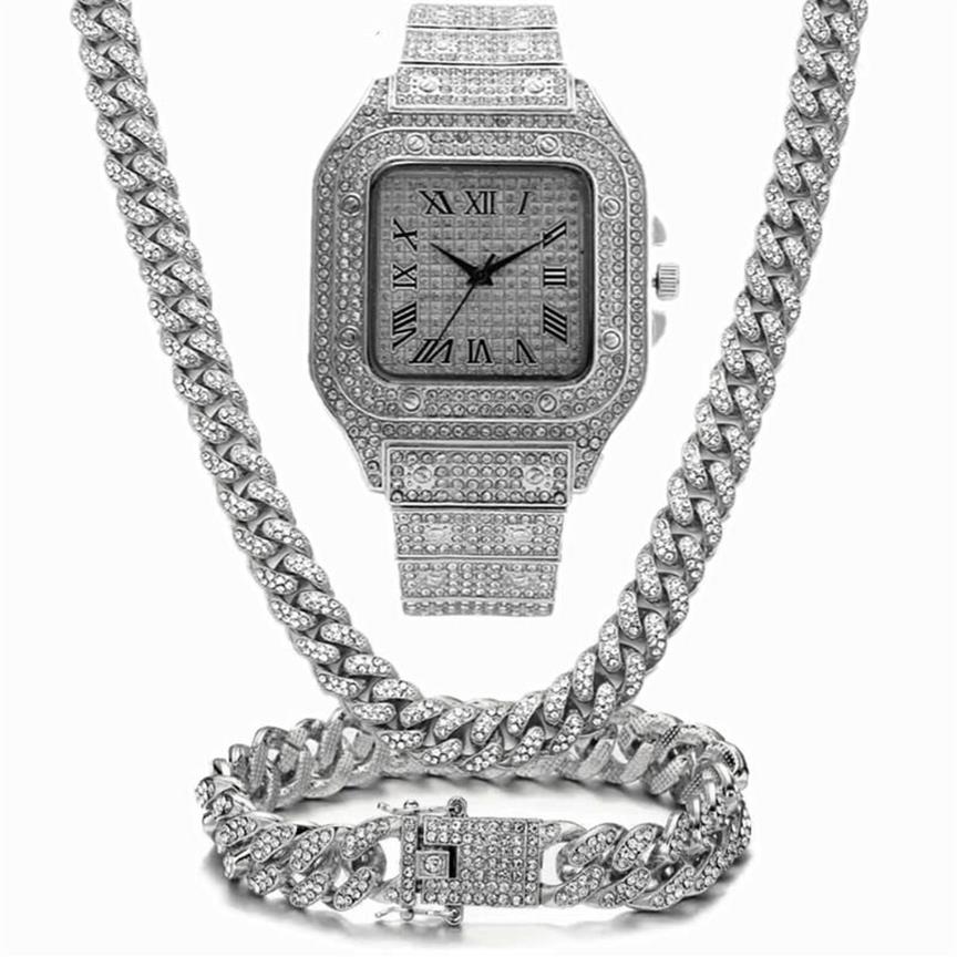 Ketten Iced Out Kette Bling Miami Cuban Link Strass Uhr Halsketten Armband Frauen Männer Schmuck Set Hip Hop Choker2947