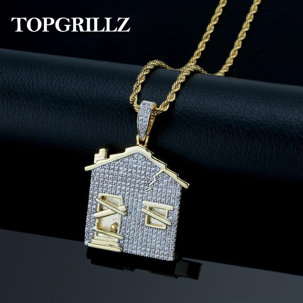 Collana con pendente TRAP House Uomo Catene con zirconi cubici ghiacciati Materiale in rame Hip Hop Punk Oro Argento Colore Pendenti con gemme e perle Gioielli207T