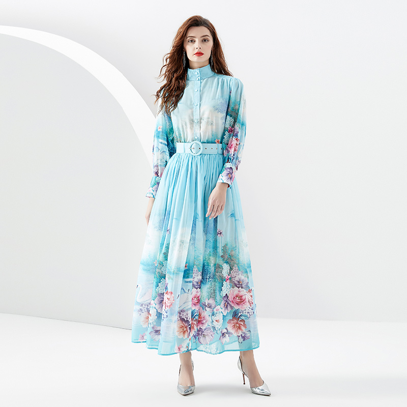 여자 꽃 파티 블루 휴가 드레스 랜턴 슬리브 런웨이 디자이너 모의 목걸이 슬림 ruched 높은 허리 느슨한 큰 스윙 드레스 2023 봄 가을 세련된 시프 드레스