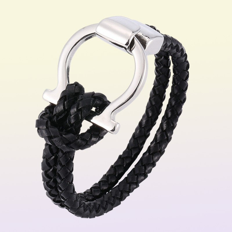 Fashion Leather Armband Rope Chain Mens Trendy Jewelry Unikt rostfritt stål Buckle Charm Armband Wrap C7975052817