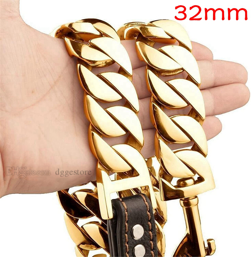 Chain Dog Leashes Metal Chew Proof 14/19/32MM Heavy Duty Pet Leash Chain with Leather Padded Handle for Large Medium Small DogsTotal Length of 2.4ft/3ft/4ft Gold B164