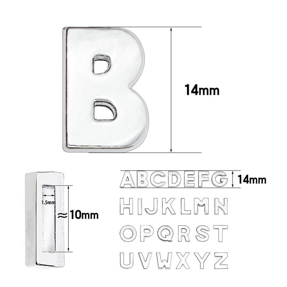 / lote 10mm letra de slide simples A-Z cor prata cromo diy encantos alfabeto inglês apto para 10mm pulseira de couro chaveiros326k