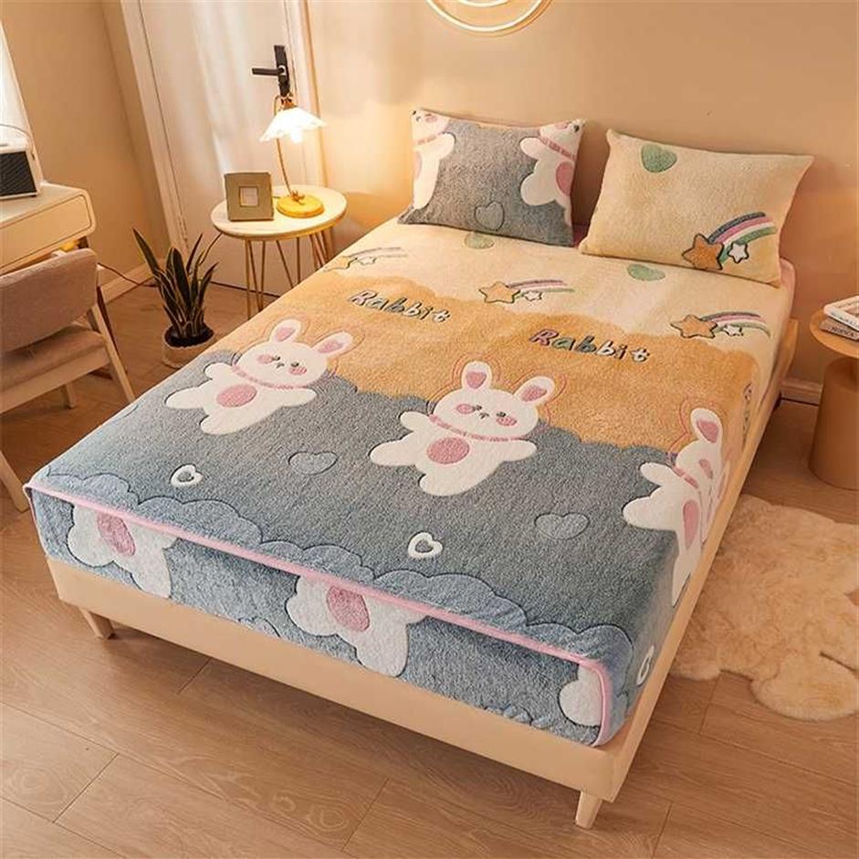 Drap-housse en flanelle imprimé dessin animé, housse de protection de matelas douce et confortable en relief, peluche courte extensible chaude pour l'hiver 211106342l