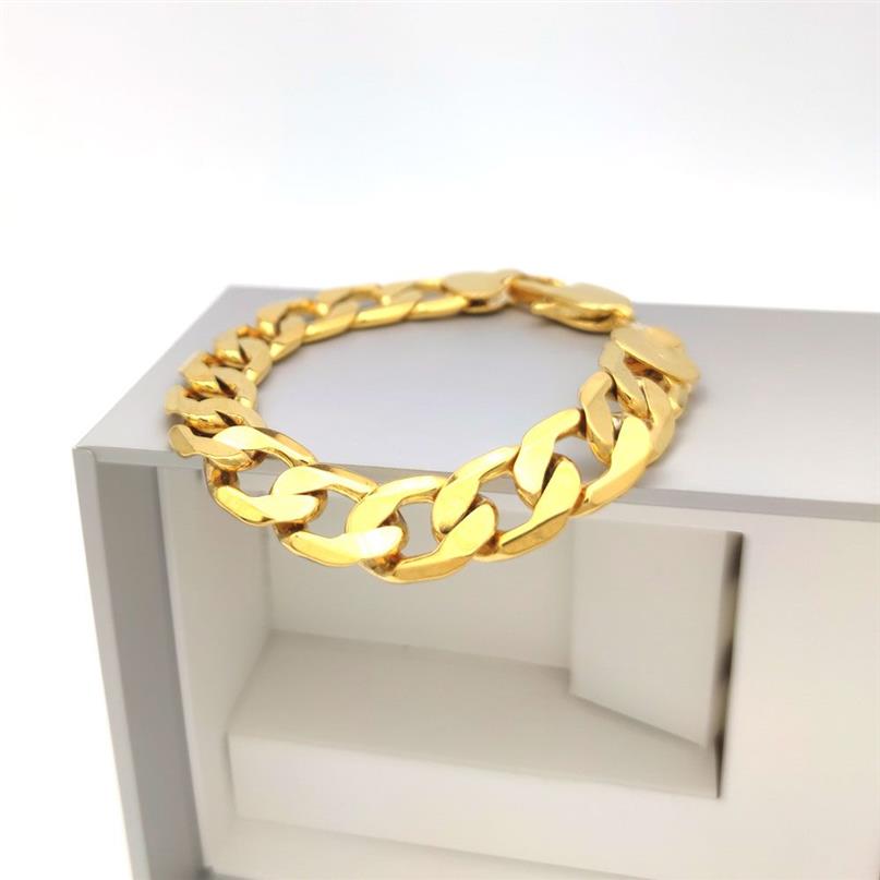 Męskie damskie bransoletka krawężnik kubańska łańcuch łącza 12 mm 8 cali grzywna 18ct thai baht g f złota włoska 24K Connect Yellow Solid272k