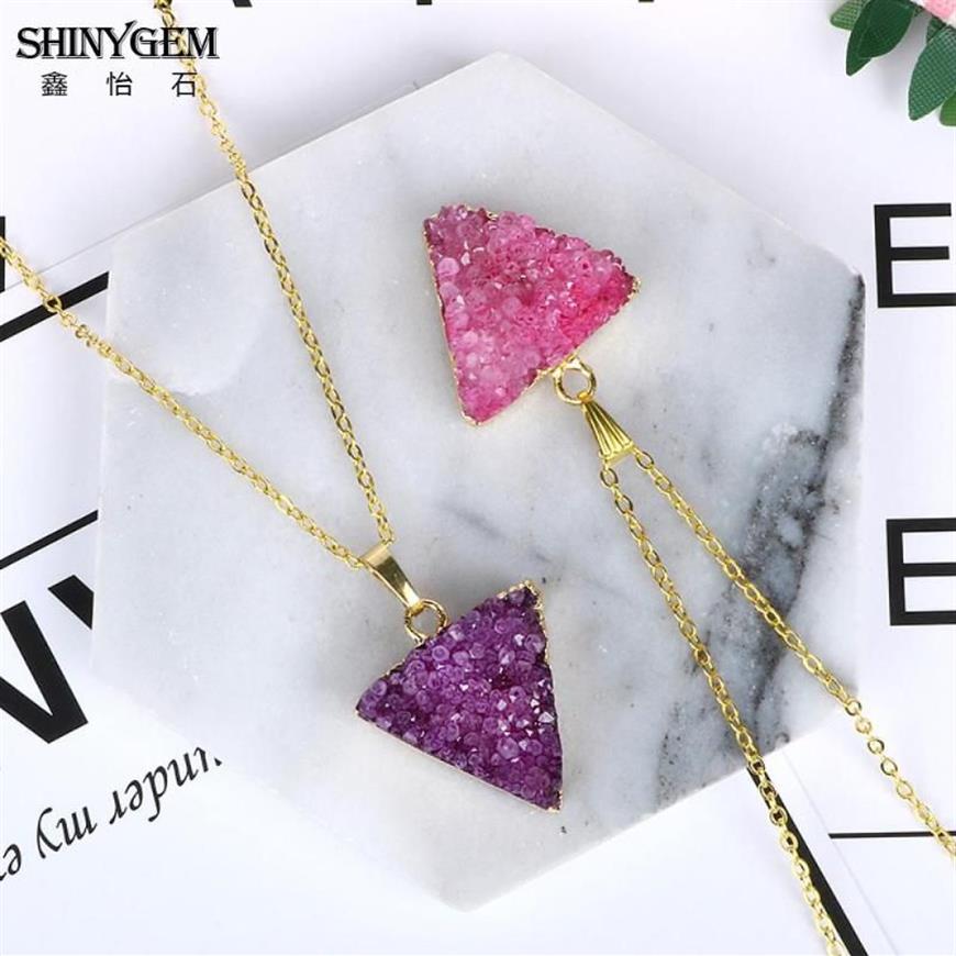 ShinyGem 2021 naturel fait à la main violet rose Druzy pendentif colliers plaqué or déclaration Triangle pyramide pierre à la mode pour les femmes 3311