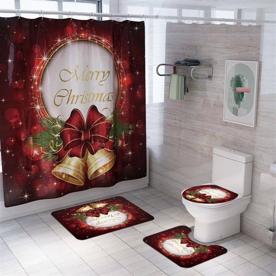 Joyeux Noël salle de bain bonhomme de neige père noël motif d'élan ensemble de rideau de douche imperméable tapis de couverture de toilette tapis antidérapant décor à la maison 301R