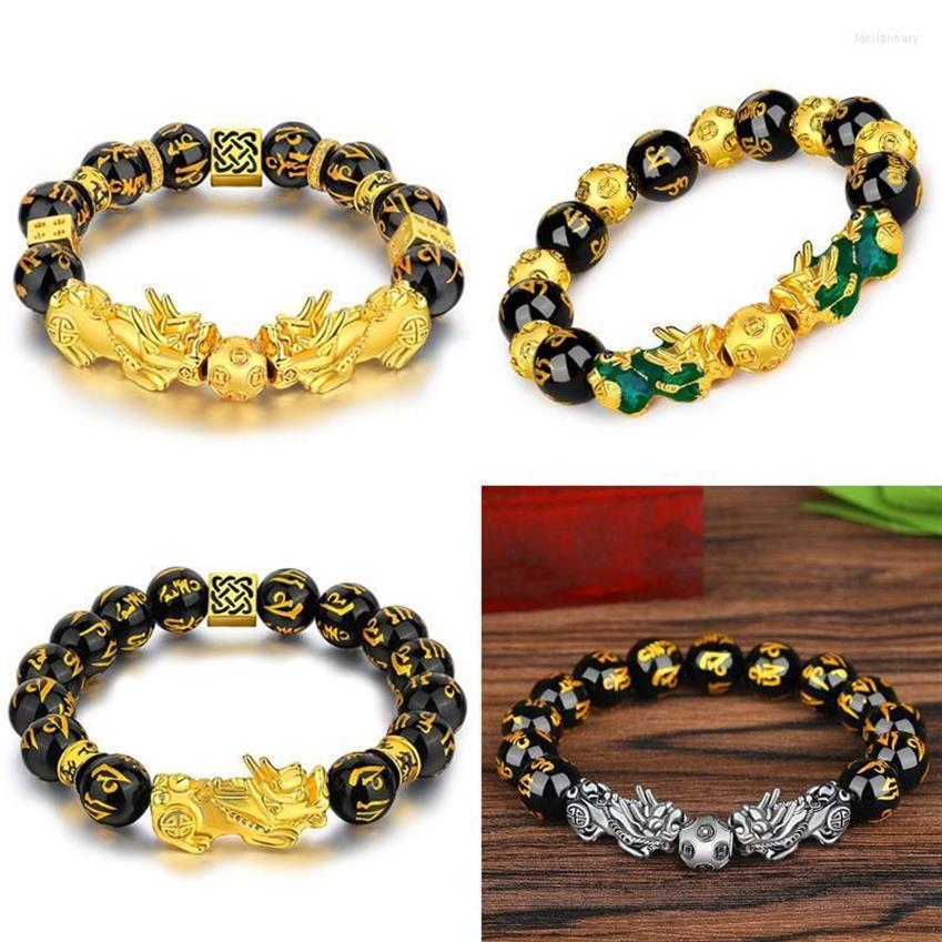 Perlen Stränge Männer Schwarz Obsidian Stein Perlen Armband Pixiu Chinesischen Feng Shui Glück Reichtum Buddha Für Frauen Schmuck Lars22282h