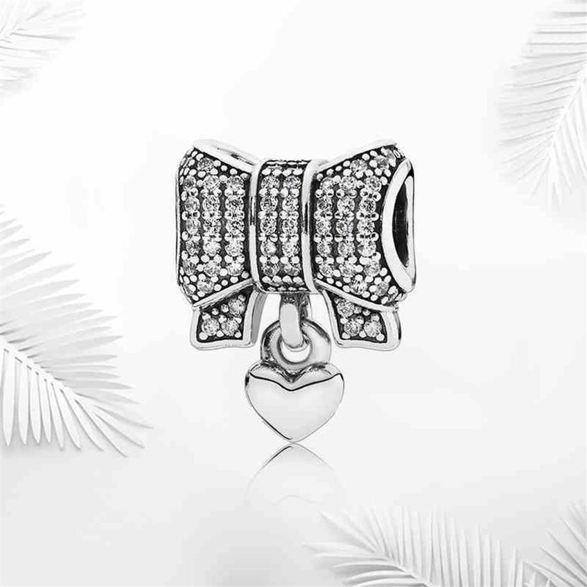 100% 925 Sterling Silver Cubic Zirconia Simple Bow Charms Fit Original European Charm Bracelet Fashion Women Wedding Engagement Je299H