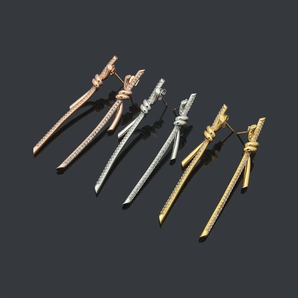 Mulheres longas atadas brincos de broca Studs Designer Jóias Nó de Studs ouro prateado rosa marca completa como casamento Natal Gift315E