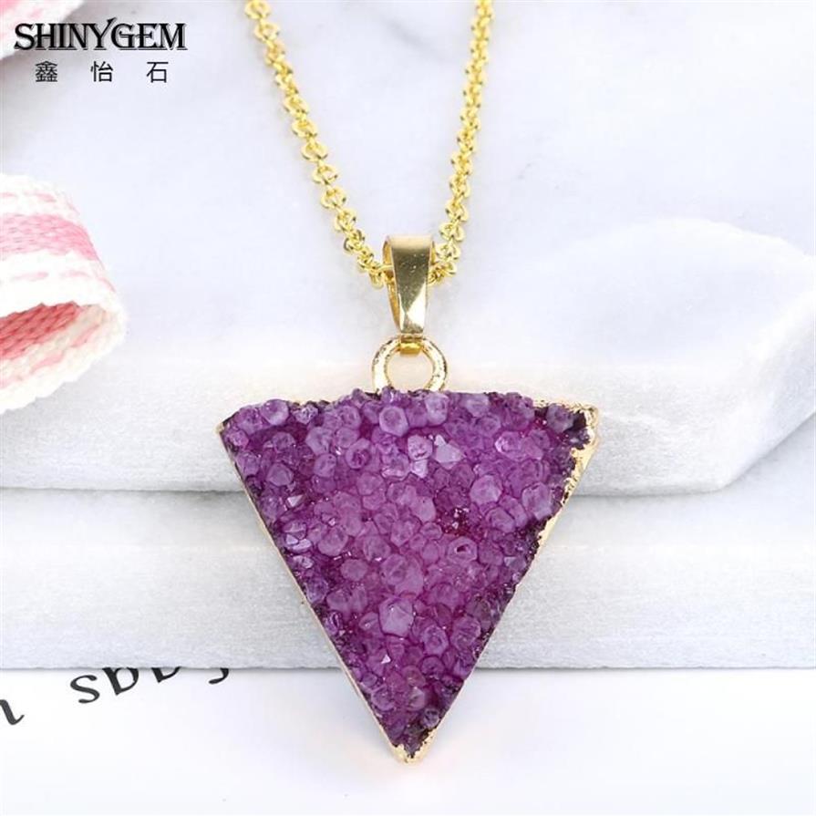 ShinyGem 2021 naturel fait à la main violet rose Druzy pendentif colliers plaqué or déclaration Triangle pyramide pierre à la mode pour les femmes 3311