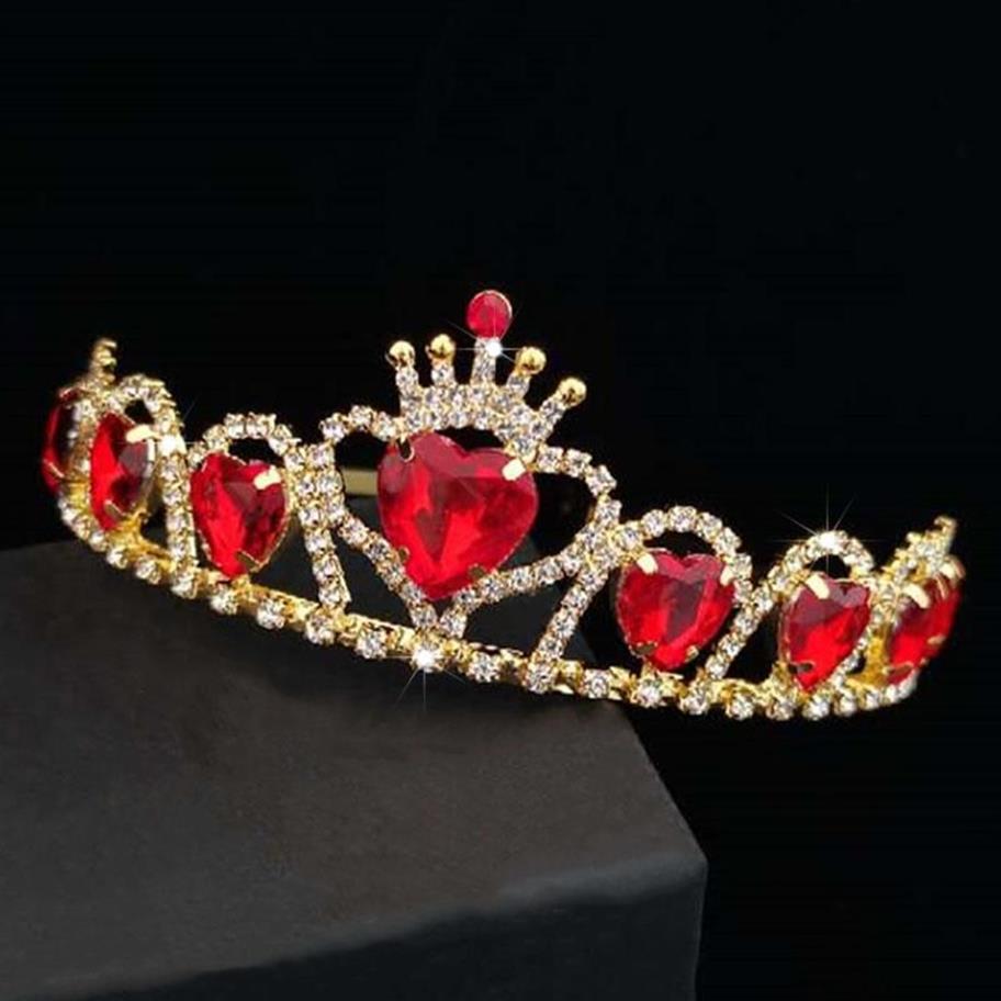 Hårklämmor Barrettes Barock Guldfärg Tiaras Red Heart Queen Princess Crowns Crystal pannband Kid Girls Wedding Accessiesies J220G