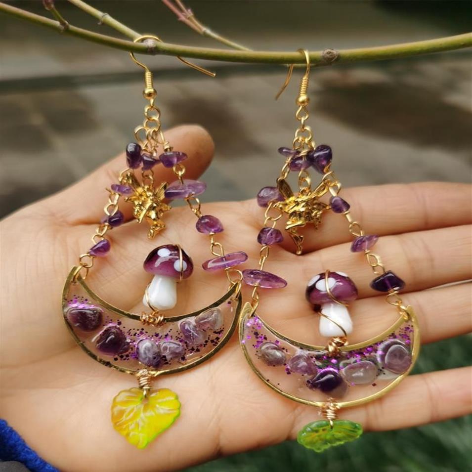 Dangle Chandelier Mushroom يقف على القمر الذهبي مع الجنية Amythest أقراط Cottagecore Jewelry Witchy Bohodangle235W