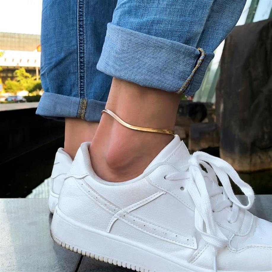 Anklets Gothic Basic Simple Flat Blade Snake Chain Bracelet On The Leg For Men Women Punk Gold Color Copper Anklet Kpop Foot Jewel204F