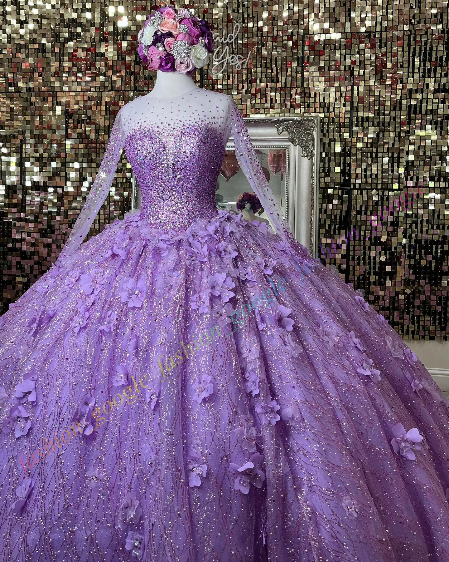 Pırıltı Quinceanera Elbise İllüzyon Kolları Debutante Ball Meksika Quince Tatlı 15/16 Doğum Günü Partisi Elbise 15. Kız Drama Kış Resmi Balo Gala Orchid Gold