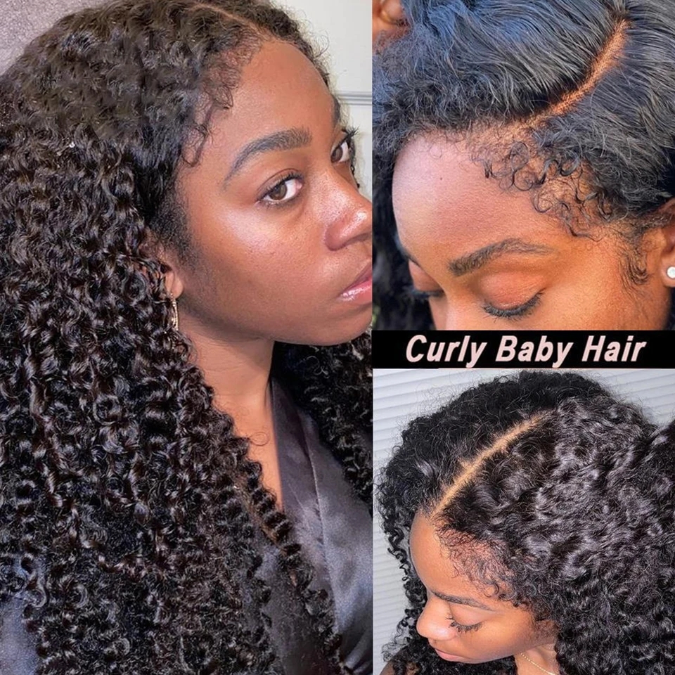 Perruque mongole Afro crépue bouclée, cheveux naturels, Deep Wave, sans colle, pre-plucked, avec cheveux de bébé, pour femmes