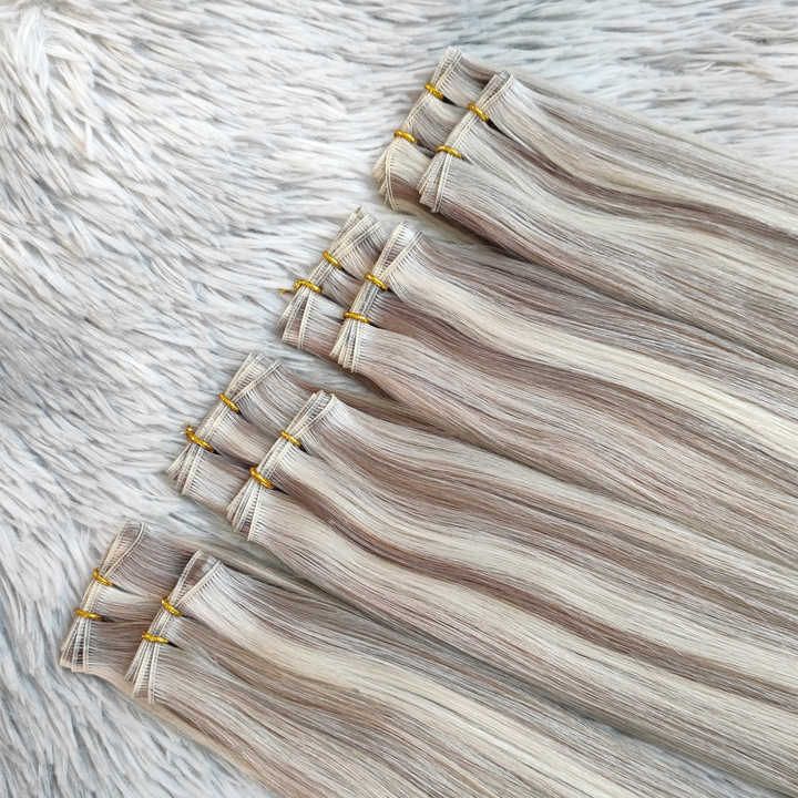 Trama di capelli di altissima qualità Estensione di capelli umani Punti salienti russi Estensioni di trama Genius legate a mano