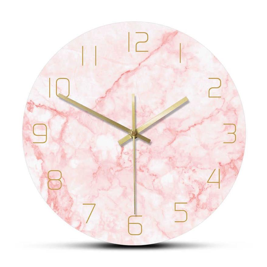 Horloge murale ronde en marbre rose naturel, silencieuse, sans tic-tac, décoration de salon, Art nordique, horloge murale minimaliste, montre murale silencieuse 2270o