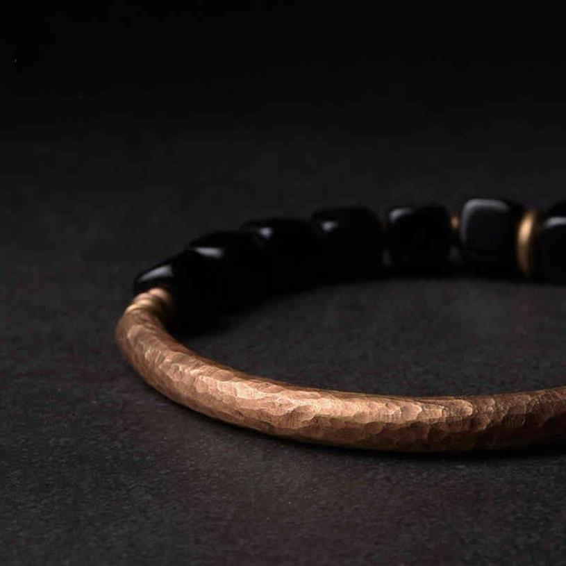 Projektant Bangle Designer Cubic Black Obsidian Bransoletka z ręcznie wykonanymi antykami miedzianymi akcesoriami Trenda Ochrona Kamienna biżuteria dla mężczyzn 202a