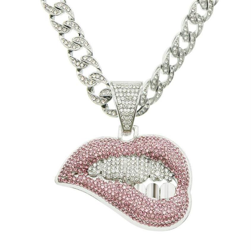 Pendant Necklaces Hip Hop Bite Lip Shape Necklace With 13mm Crystal Cuban Chain Iced Out Bling Hiphop Fashion Jewelry For Men WoPe223I