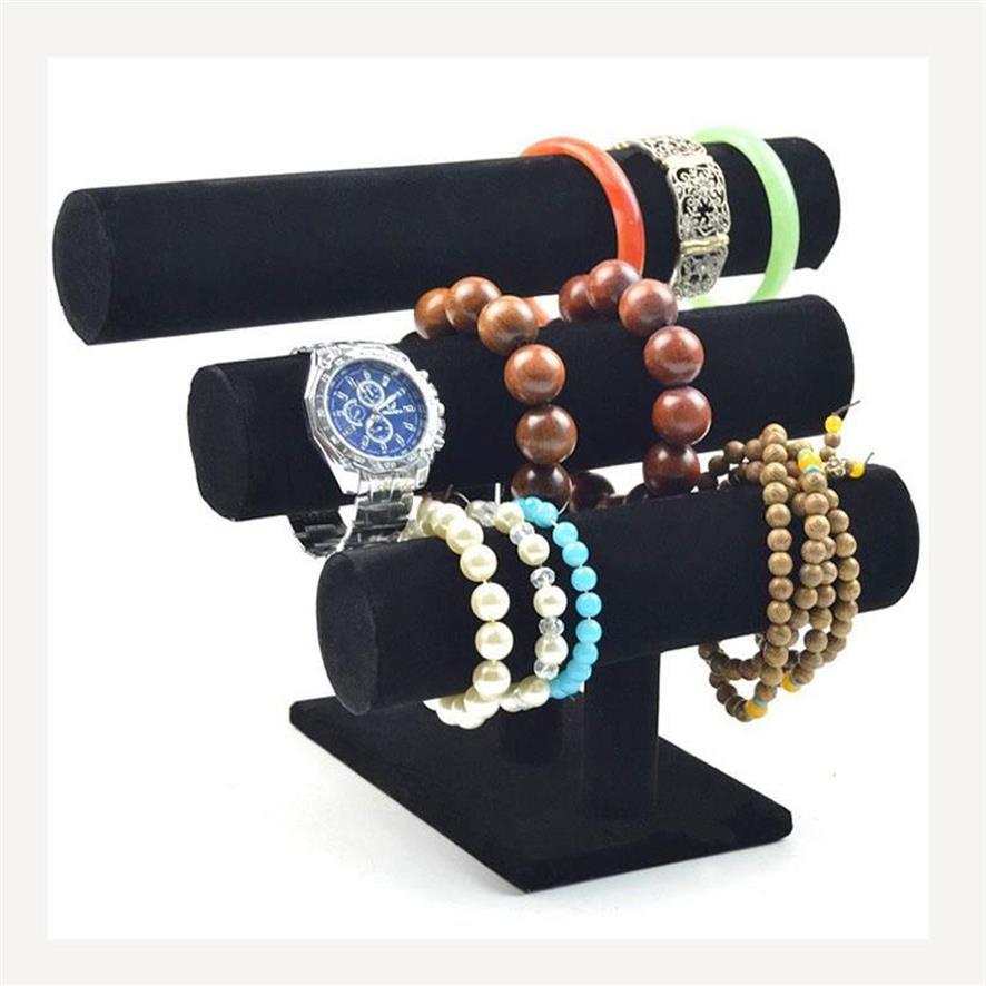 Smycken påsar väskor svart sammet armband hållare med tre nivåer rack klocka för organisation och display smycken organisation260m