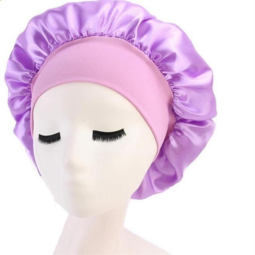 1 2 5 58cm Bonnets de douche de couleur unie Soins des cheveux longs Femmes Satin Bonnet Cap Nuit Sommeil Chapeau Soie Head Wrap Ajuster Shower Caps269C