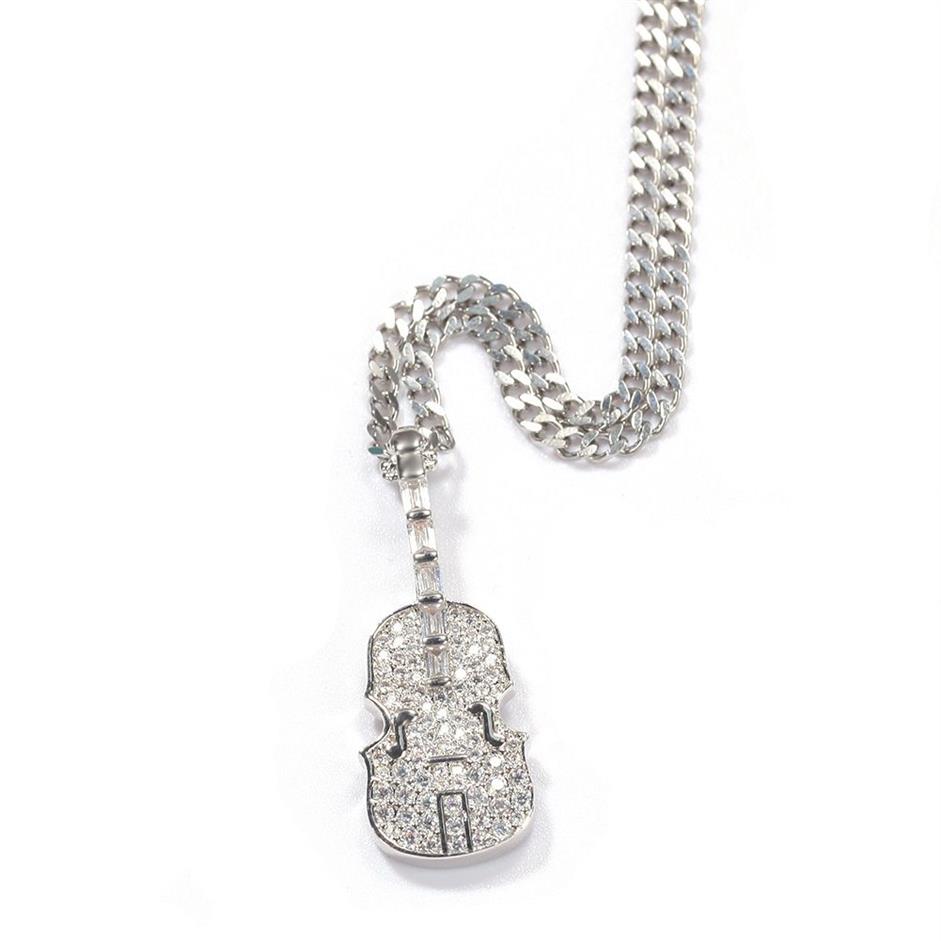 Hip Hop Bijoux La Forme De Violon Clair T CZ Zircons Pendentif Collier Plaqué Or avec Chaîne pour Hommes Femmes Joli Amant Cadeau Rappeur J173J