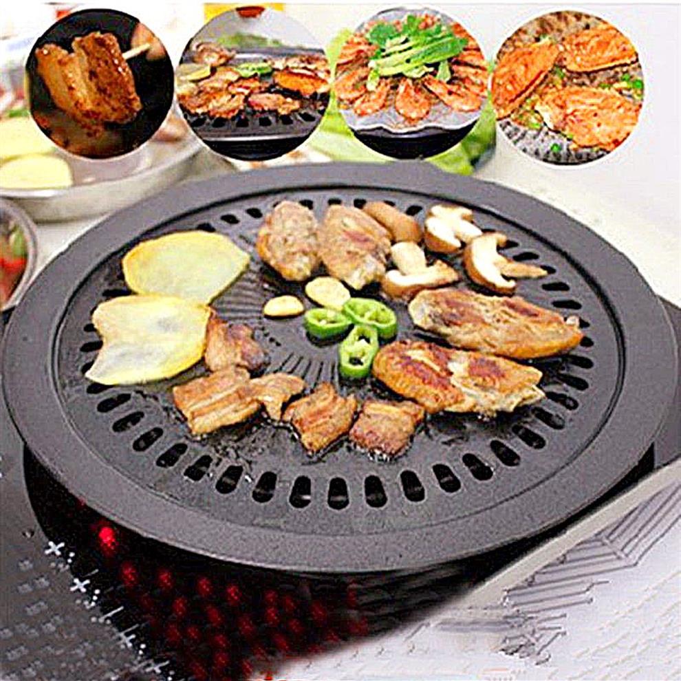 Korean Outdoor Barbecue Grill Non-Stick BBQ Grills Round Pan Grills Easily Cleaned Carbon Steel Barbecue BBQ Accessories Tools T20292J