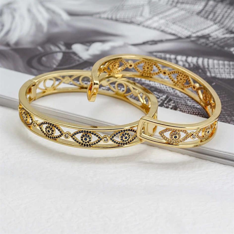 Lucky Eye Micro Pave Zircon Fatima Mão Turco Evil Bangle Cor Dourada Cobre Aberto para Mulheres Meninas Jóias BE220 2109182807