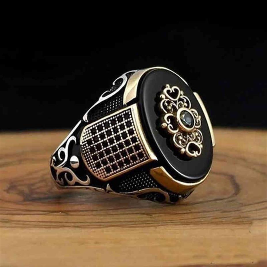 Retro handgemachte türkische Ring für Männer Vintage Doppel Schwerter schwarz Zirkon Ringe Punk trendige islamische religiöse muslimische Schmuck2596